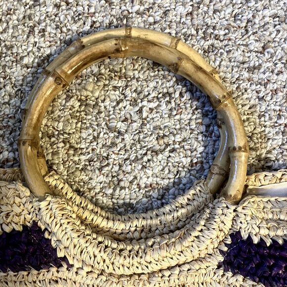 J. McLaughlin Straw Tote Bag Bamboo Handles Striped Beach Bag Lined Sea Grass - Picture 3 of 10